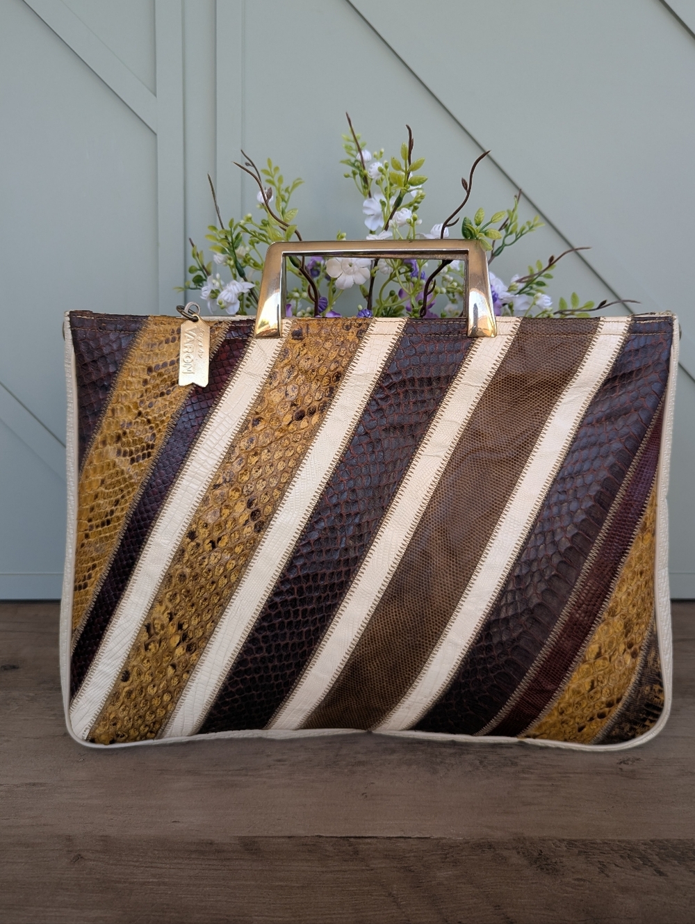 Varon 1970's vintage Striped Exotic Leather Top-Handle Bag in Brown, Tan & Cream